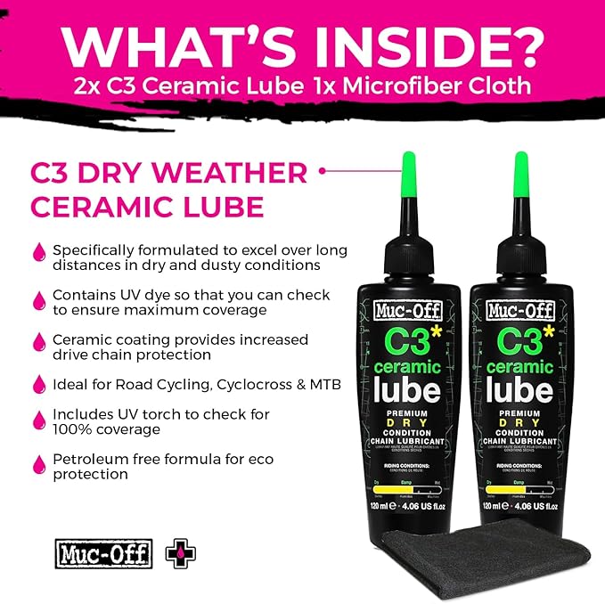 Muc-Off C3 Dry Weather Ceramic Lube 120ml (Pack of 2) with Microfiber Cloth | Premium Chain Lubricant for Dry, Dusty & Damp Conditions | Ceramic Protection with UV Dye