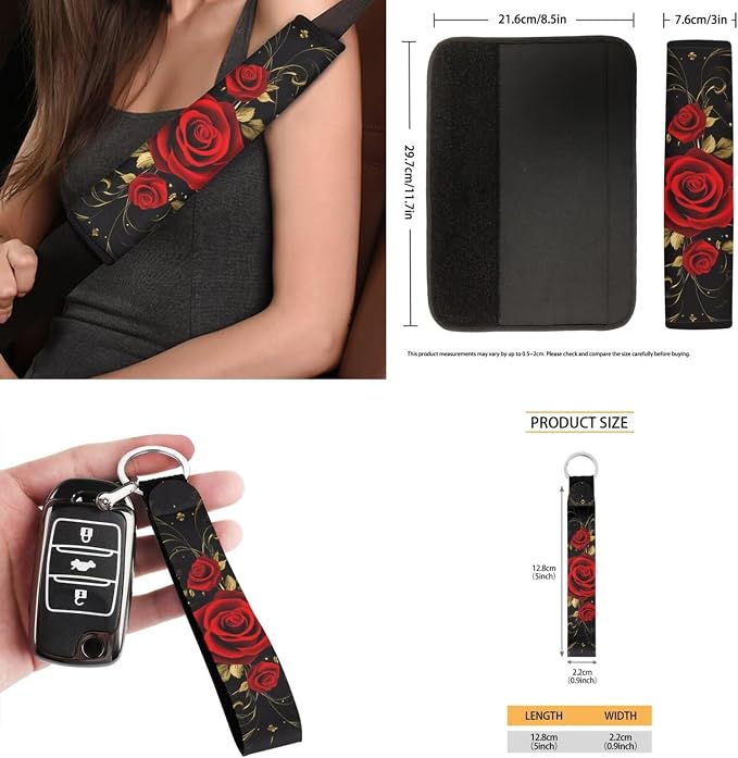 Red Rose Car Seat Covers Full Set for Women Cute Car Accessories Seat Cover with Wheel Cover Seatbelt Covers Car Coasters Trash Bag Rearview Mirror Cover Keychain