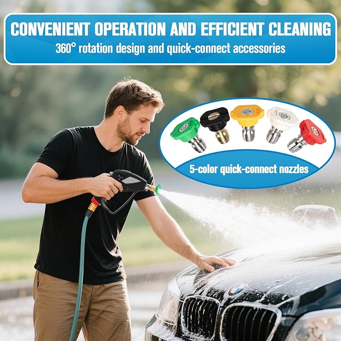 Short Pressure Washer Gun, Pressure Washer Gun with Nozzle Tips, 3/8" Quick Connect Plug and M22-14mm Fitting, 5000 PSI