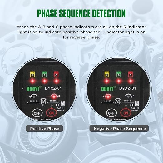 Phase Rotation Meter 3 Phase Sequence & Motor Rotation Tester, Non Contact Voltage Tester Short Detection 70V~600V AC Live Wire Inspection, with 23.62inch Cable Length,Carrying Bag