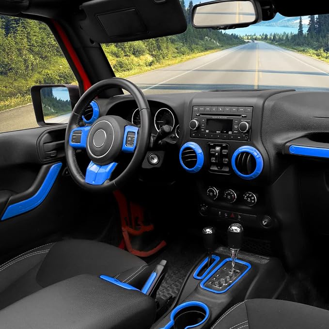 CheroCar 18PCS Interior Trim Kit for Jeep Wrangler JK JKU 2011-2018 4 Door,Steering Button Frame, Air Conditioning Vent Trim Cup Holder Cover,Gear Shift Knobs Frame,Blue…