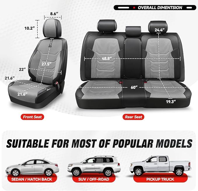Auto Dynasty Car Seat Covers Full Set, Anti-Slip Automotive Interior Covers with Storage Pocket, Breathable Car Seat Protectors, Airbag Compatible, Universal Fit Most Vehicles, Gray (Sport Series)