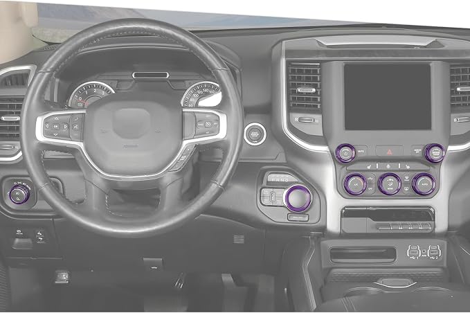 Jimen for Ram Center Console Knob Covers, 7PCS AC Air Conditioner Audio Volume Button & Headlight Switch & 4WD Shifter Knob Ring Trim Fit for Dodge Ram 2018-2025 (Purple)