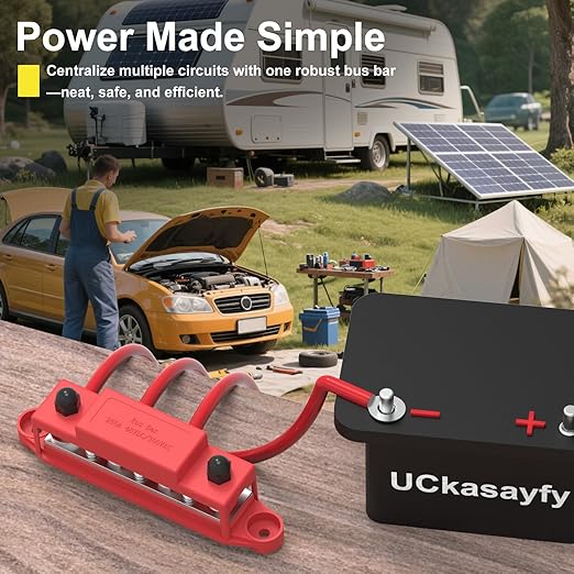 Upgraded Bus Bar 250A 12V Power Distribution Block with 5/16" (M8) 4-Posts Terminals Block with Cover for Automotive, Marine, Battery System (Black & Red)