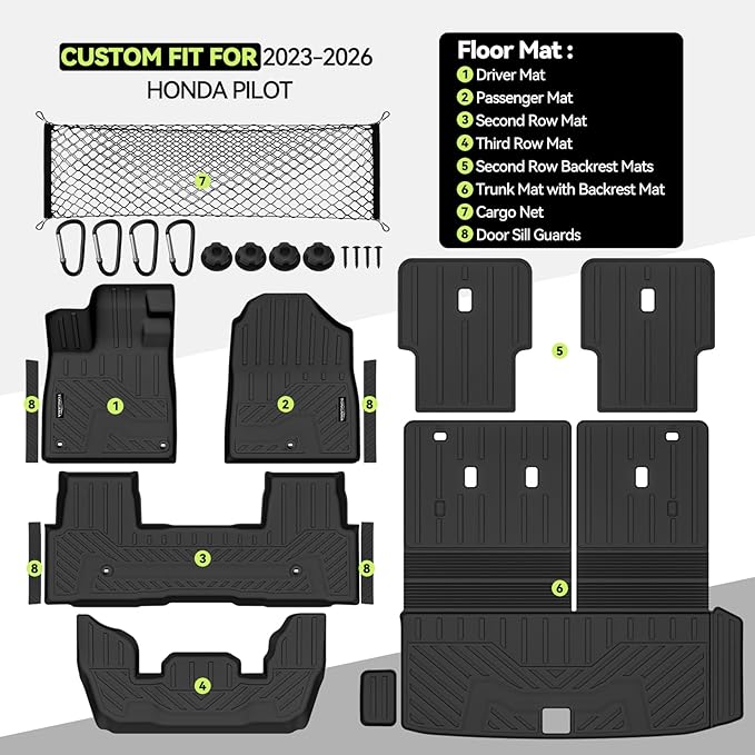 Tongama-Floor Mats for 2023-2025 2026 Honda Pilot, All Weather TPE Trunk Mat with Backrest Mat & 2nd Row Backrest Mats Protector & Cargo Net & Door Sill Guards for Honda Pilot Floor Liner Accessories