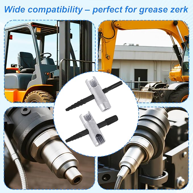 2pcs Grease Zerk Fitting Tool Set, 4-Way Zerk Thread Repair and Removal Kit for 1/4"-28 1/8"-NPT M10x1 M8x1 Threads, 3/8" 5/16" 7/16" Hex Sizes, Grease Fitting Tool for Install Remove Rethread
