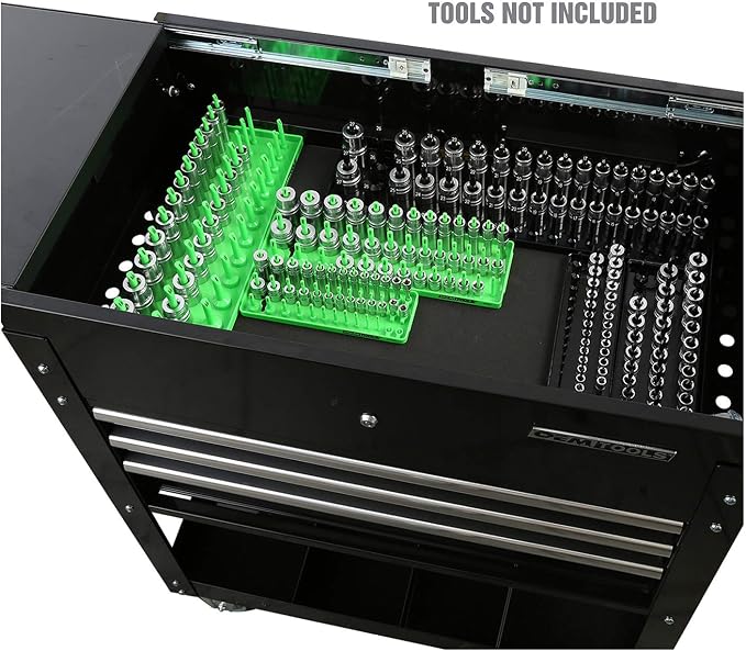 OEMTOOLS 22339 3-Post SAE Socket Tray Set, 3 Piece, Deep, Shallow, and Impact 3 Row Socket Organizer for Tool Box Drawer, Holds 120 Tools, 1/4, 3/8 and 1/2 Inch Drive, SAE, Green