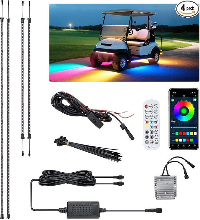 Golf Cart LED Light Strip, LED Lights Underbody Underglow Kit, Neon Strips Lighting, Universal Compatible with EZGO Club Car Yamaha, 12V - 80V Input, Muti-Color, Music Sync & Waterproof, 4PCS