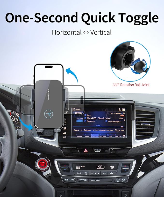 15W Wireless Fast Charger for 2016-2020 Honda Pilot/2019-2020 Passport/2017-2020 Ridgeline Accessories 5/8-inch Screen Fixed Clip, Interior Decoration Mobile Phone Mount, 360° Rotation