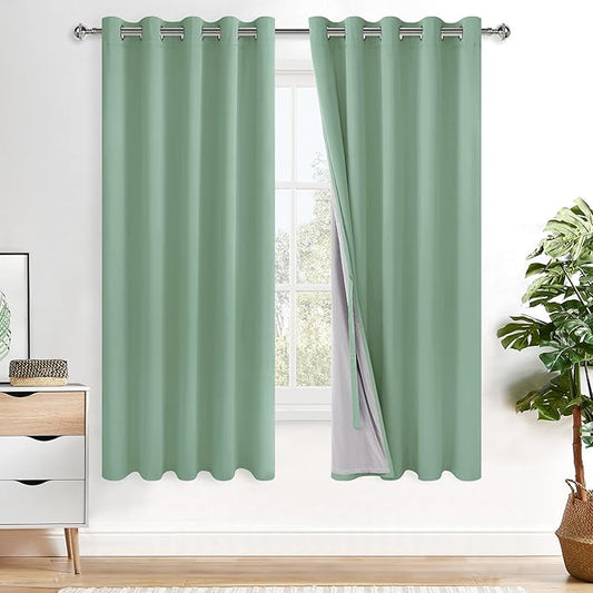XWZO 100% Blackout Curtains 63 Inches Length with Tiebacks - Heat and Light Blocking Ring Top Window Drapes with Black Liner Backing for Bedroom/Kid's Room, Light Sage, W60 x L63, Set of 2 Panels