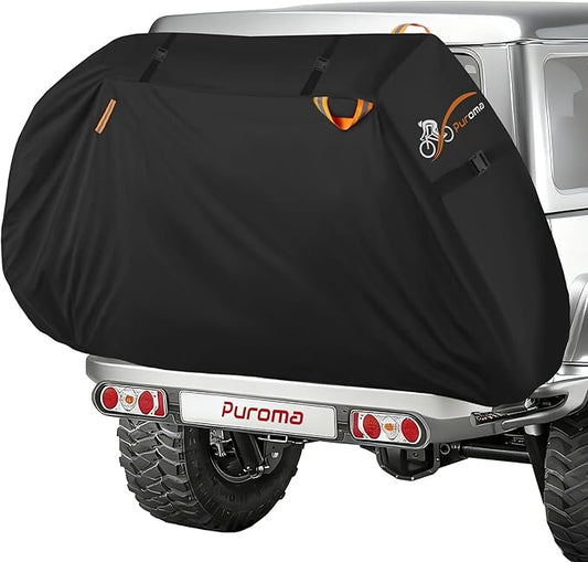 Puroma Bike Cover for Transport on Rack, 600D Waterproof Outdoor Storage Bicycle Covers for 2 Bikes on Rear Bike Rack, Heavy Duty Rain Sun UV Dust Wind Proof with Lock Hole for Car Hitch Travel