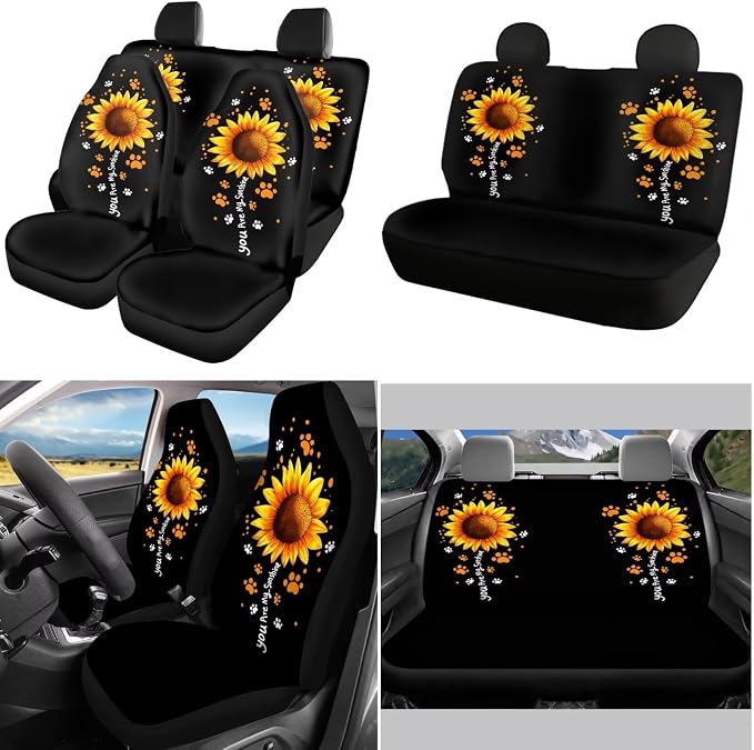 POLERO You are My Sunshine Car Seat Cover Set for Women Cute Dog Paws Print Car Accessories 11pcs Steering Wheel Cover Sets with Keychains