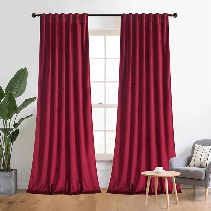 Roslynwood Luxury Soft Rose Red Velvet Curtains 108 inches Long Back Tab Thermal Insulated Blackout Window Drapes for Living Room/Bedroom/Dining Room, W52 x L108, 2 Panels