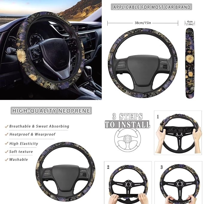 Moon Butterfly Print Car Seat Covers Full Set for Women, Auto Steering Wheel Cover Car Armrest Pad Protectors Auto Seat Belt Pads, Automotive Interior Accessories - 8 Pack
