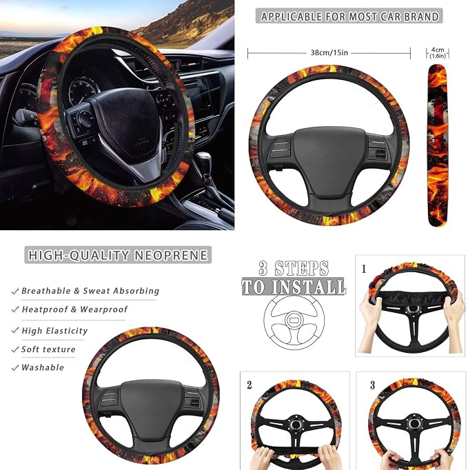 USA Flag Flame Wolf Print Car Interior Accessories Set of 8, Car Seat Covers, Auto Steering Wheel Cover, Auto Center Console Pad, Seat Belt Pads, Universal Fit Cars SUVs Trucks