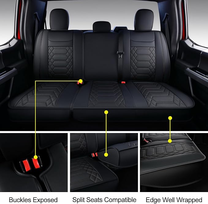 RISINGSTAR F150 Faux Leather Seat Covers, fit for 2015-2026 F150 SuperCrew, and 2017-2026 F250 F350 F450 Super Duty Crew Cab(Full Set, Black)
