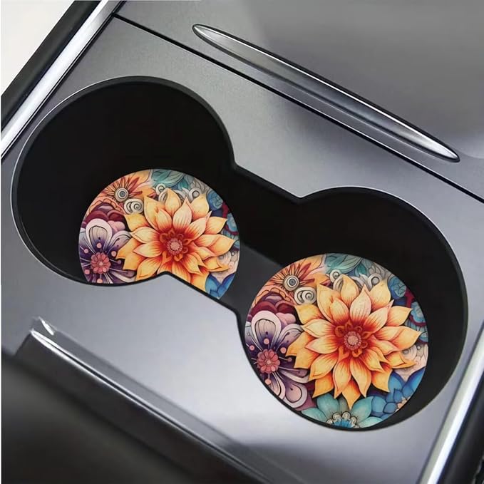 BIGCARJOB 12 Pcs Boho Lotus Car Seat Set Universal Interior Accessories Full Set for Women Car Front Rear Seat Protector,Seat Belt Cover,Armrest Pads,Cup Holder Coaster