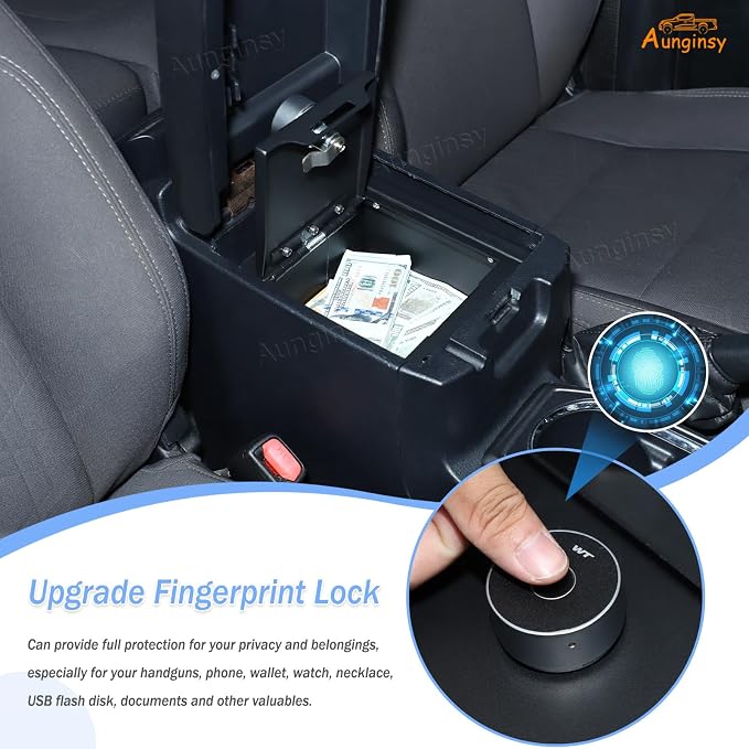 Aunginsy Center Console Lock Safe Box Compatible with Toyota Tacoma 2016-2023, Car Anti-Theft High Security Armrest Lock Box Storage Organizer Tray Vault with Biometric Fingerprint Lock Accessories