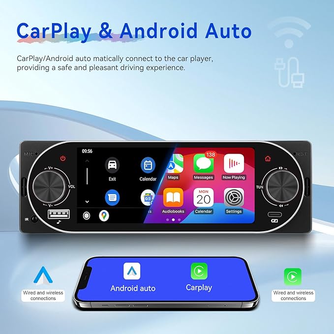 CAMECHO Single Din Radio Car Stereo with Wireless CarPlay & Android Auto 5.1" IPS Touchscreen with Bluetooth 5.2 Car Audio Receiver AM&FM, EQ, SWC, TF, AUX＆USB, Fast Charging, Backup Camera+MIC
