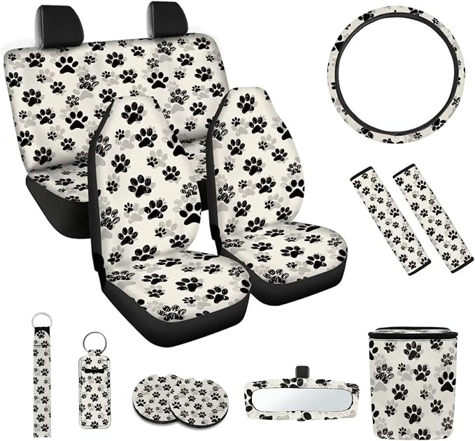 Dog Paw Prints 12 Pack Car Seat Covers Full Set Car Steering Wheel Cover Car Seat Belt Cover Keychain Holder Chapstick Holder Universal Fit for Vehicles,Cars,Suvs,Vans,Sedans