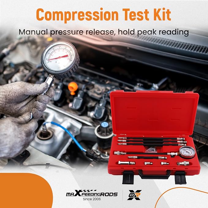 maXpeedingrods Engine Compression Tester Kit, Manual Pressure Release, 2-3/4 in. Bourdon Tube Gauge, Quick-Disconnect Coupler, Threaded Adapters for Motorcycles, Marine and Small Engines