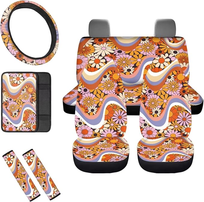 Mumeson Hippie Flower Car Seat Covers for Womens Car Steering Wheel Cover + Seat Belt Strap Pads Shoulder Pad + Armrest Cushion for Car 8 Pack Set Car Accessories Decor for Womens