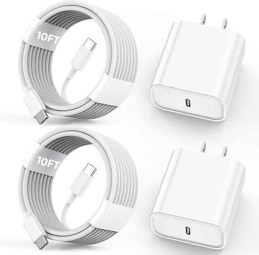 iPhone 17 16 15 Charger Fast Charging, 2Pack 10FT Extra Long USB C to C Fast Charging Cord Woven Cable 20W USB C Charger Block for iPhone 17 Pro Max/Air/16 Plus/15/15 ProMax/iPad Pro/Air/Mini/AirPods