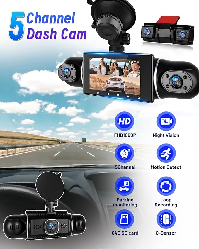 NHOPEEW 5 Channel Dash Cam 360°View with WiFi & APP Control, 5x1080P Front and Rear Inside Left Right, Five Cameras with 64GB Card, G-Sensor, 24 Hours Parking Mode, Loop Recording, Night Vision