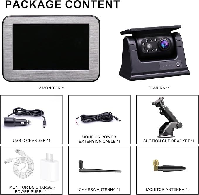 Magnetic Solar Wireless Backup Camera with 5" Monitor System AHD1080P Truck Trailer Hitch Rear View Camera IR Night Vision Waterproof Rechargeable Reverse Camera for RV Car Camper