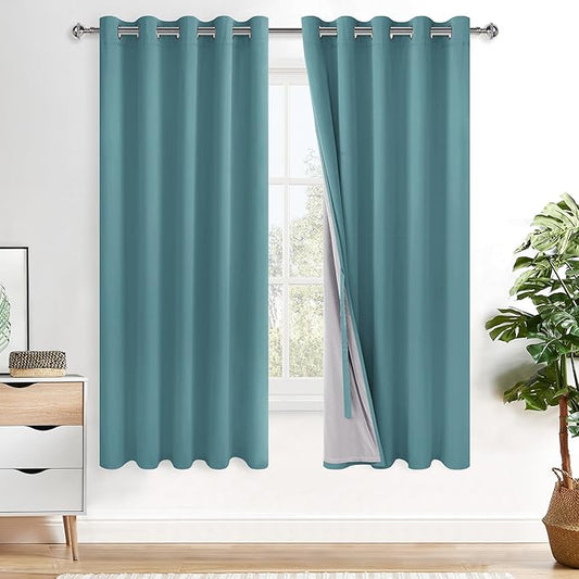 XWZO 100% Blackout Curtains - Thermal Insulated Black Liner Curtains, Noise Reducing and Heat Blocking Drapes for Hall and Studio Windows with Tiebacks, Stone Blue, W60 x L63, Set of 2