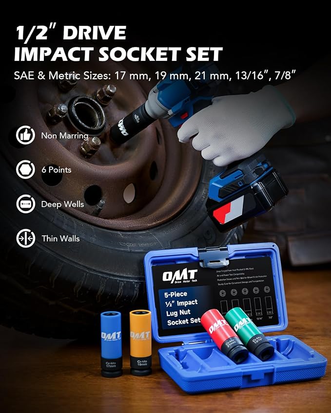 Orion Motor Tech 5pc 1/2" Drive Lug Nut Socket Set, Metric 17 19 21 mm & SAE 13/16 7/8 in. Wheel Socket Set and 3pc 1/2" Drive Extra Long Impact Sockets with 17mm 19mm 21mm Metric Sockets, Bundle