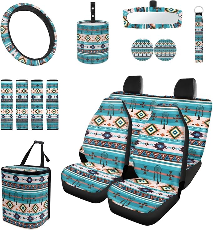 Blue Boho Car Accessories Car Seats Cover Protector, Steering Wheel Covers, Seatbelt Cover, Car Trash Can, Cup Coasters, Rearview Mirror Cover, Keychains, Pack of 15