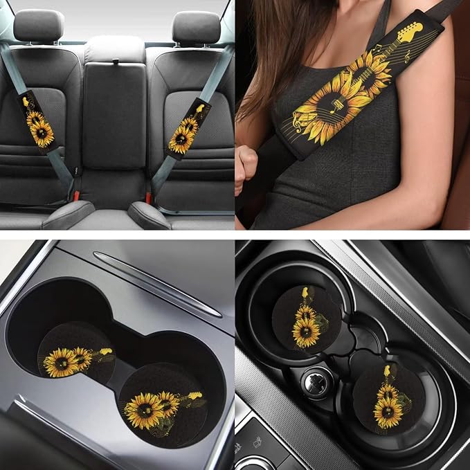 INSTANTARTS Sunflower Guitar Car Seat Cover Set - 13 Car Accessories Including Steering Wheel, Seat Belt, Coaster, Keychain, Lipstick Covers - Universal