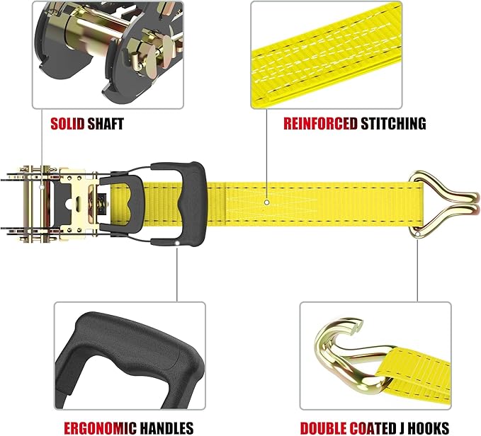 AWELCRAFT Ratchet Straps Heavy Duty 4 Pack,4500lbs Breaking Strength,1.5in×15ft Tie Down Ratcheting Strap with Padded Handles, Double J Hooks & Soft Loops for Motorcycle,Trailer & Trucks (Yellow)