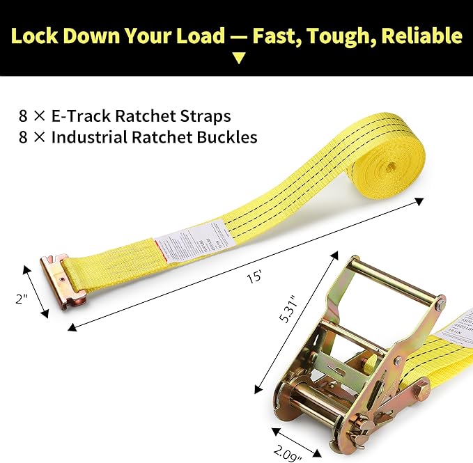 8 Pack 2" x 15' E-Track Ratchet Straps – 1500 lbs WLL / 4500 lbs Break Strength, Heavy Duty Cargo Tie Down Straps, Standard E-Track Fittings for Cargo Van, Box Truck, Trailer, Yellow