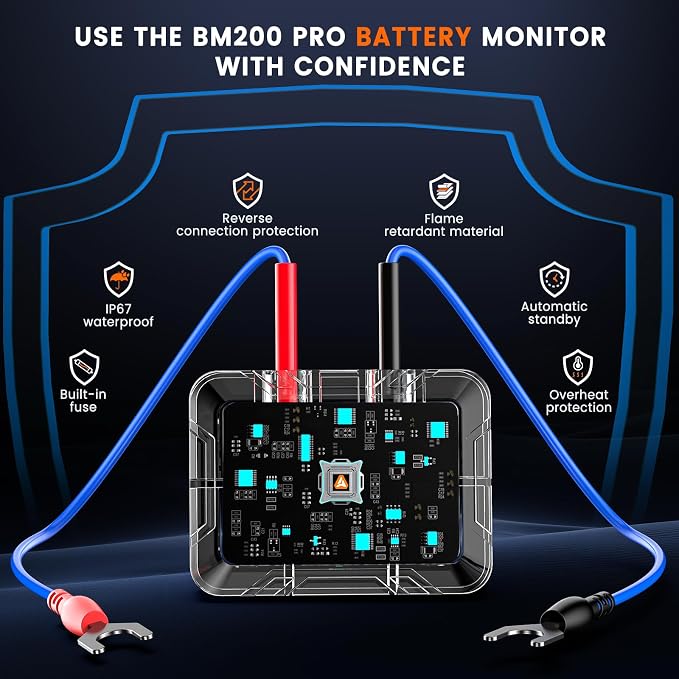 ANCEL BM200 PRO 12V Car Battery Monitor, 433MHz Wireless Transmission Battery Tester with Cranking Charging Test, Voltage & Temperature & Alarm Real-Time Monitoring for Car, Motocycle, RV, Truck, Boat