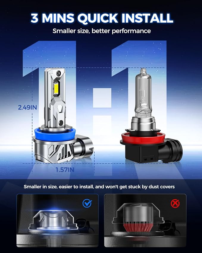 Marsauto H11/H9/H8 9005/HB3 Light Bulbs Combo, 800% Brighter 80,000LM 6500K Cool White, Fanless 1:1 Mini Size, Pack of 4