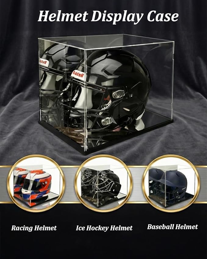 Acrylic Football Helmet Display Case Full Size with Mirror Back and Base, UV Protection Dustproof Clear Cube Box for Sports Memorabilia Storage, Assembly Required (14.9" L x 11.8" W x 11.8" H inches)