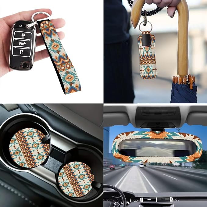 Ethnic Tribes Car Seat Covers Set 12 Pcs Steering Wheel Cover Seat Belt Cover Car Trash Can Rear View Mirror Cover Cup Coasters Keychain Holder Keychains