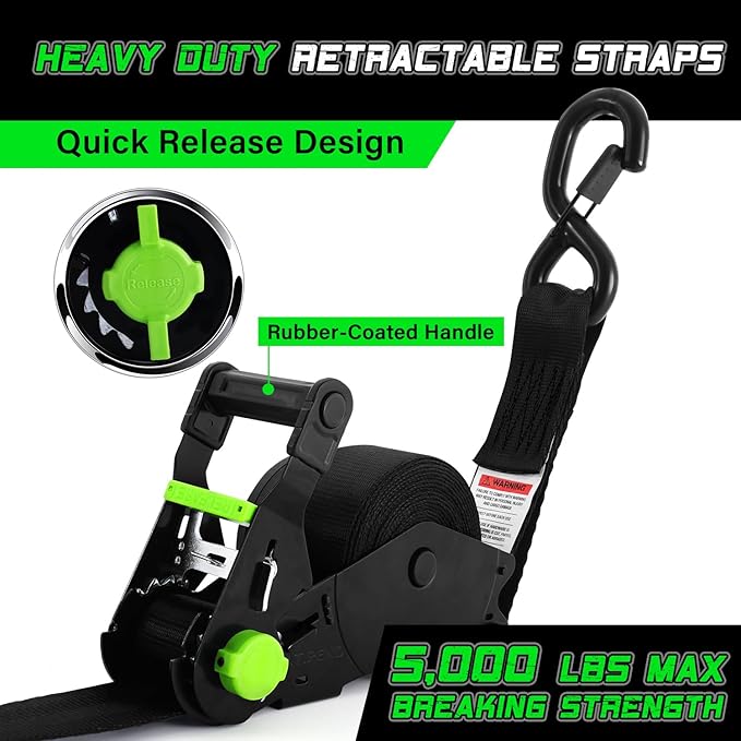 Retractable Ratchet Straps (2pk) -Patented | 1.5 in x 16 ft Heavy Duty Auto Ratchet Straps with Soft Loops | Perfect Automatic Tie Downs for Motorcycle,Kayak and Truck | Break Strength 5,000LBS/2268KG