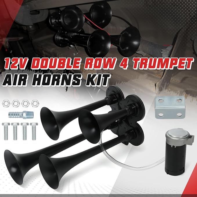 PTNHZ Double Row 4 Trumpet Air Horns Kit w/Air Compressor (No Wiring Harness & Button Switch) 12/24V Super Loud 178dB Universal for Pickup Car Jeep SUV Train Boat(Black)