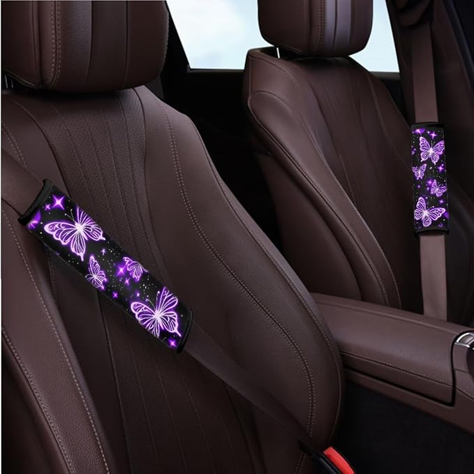 BIGCARJOB Purple Butterfly Car Seat Covers Full Set 12 Pcs Womens Auto Interior Accessories Butterfly Print Steering Wheel Covers,Armrest Seat Box Cover Cushion,Cup Mats,Universal Fit