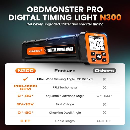 N300 Pro Digital Timing Light with Tachometer & Advance Angle, and Voltage Test & Dwell Angle, 2.6" LCD High-Definition Backlit Display, Works on 12V Gasoline Engines (2/4 Stroke)