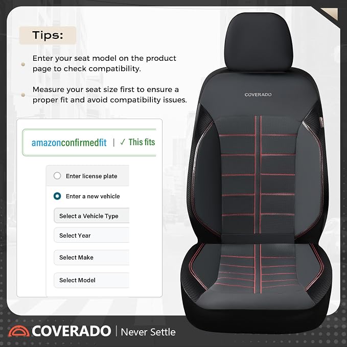 Coverado Front Seat Leather Covers, Full Leather Construction with Carbon Fibre Weave, Universal Fit for Most Cars SUV Trucks (Redline)