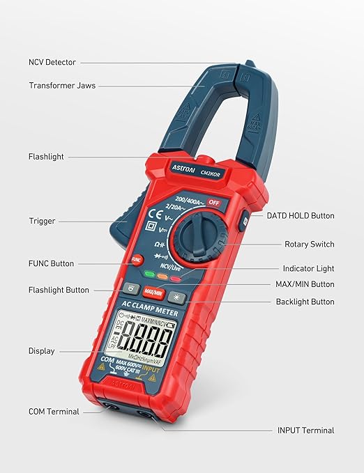 AstroAI Digital Clamp Meter Multimeter 2000 Counts Amp Voltage Tester Auto-ranging with AC/DC Voltage, AC Current, Resistance, Capacitance, Continuity, Live Wire Test, NCV, Blue (Pack of 2)