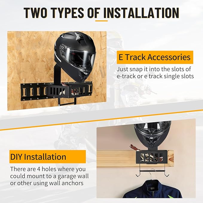E Track Motorcycle Helmet Holder with Tray ＆ Hooks, Universal Wall Mount Helmet Rack for Garage or Workshop Organization