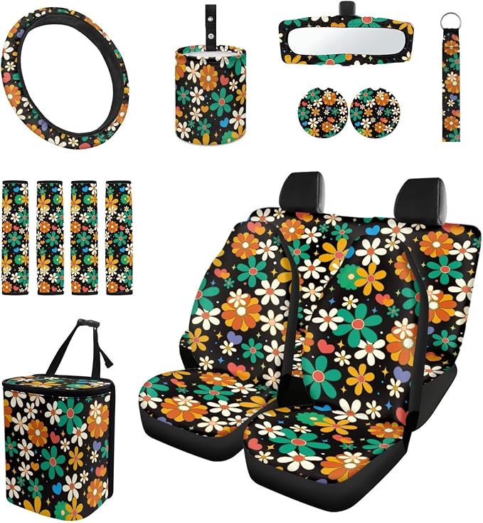 15 Pcs Hippie Flower Car Seat Cover Full Set for Women with Car Steering Wheel Cover Seat Belt Cover Trash Bin Front Rear View Mirror Car Cup Holder Keychain