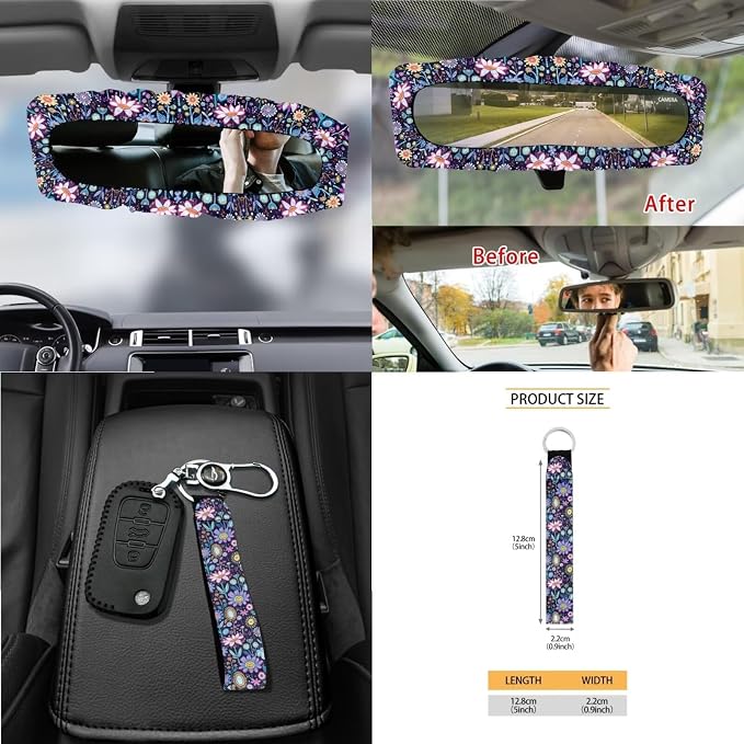 Boho Floral Print Car Seat Cover Sets Car Steering Wheel Cover Seat Belt Cover Trash Bin Air Vent Storage Box Front Rear View Mirror Car Cup Holder Keychain 15Pcs Car Accessories