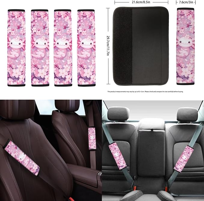 18 Pcs Cute Axolotl Car Seat Cover with Pillow Protector Full Set Universal Armrest Pads Steering Wheel Protector Seat Belt Pads Car Cup Coaster Handbrake Cover and Keychain,Pink