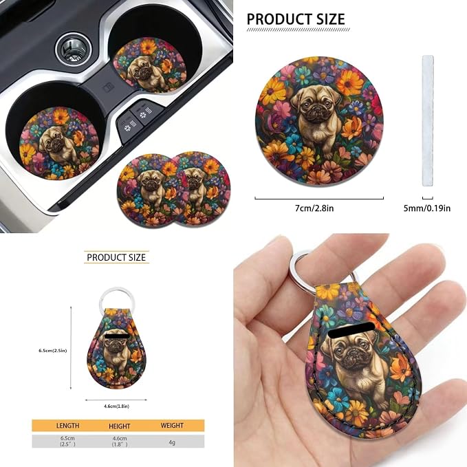 Xoenoiee Pug Dog and Flowers Pattern 11 Pcs Car Accessories with Front & Rear Auto Seats Covers, Steering Wheel Cover, Seat Belt Pads, Cup Coaster, 2 Pcs Keyrings - Universal Fit